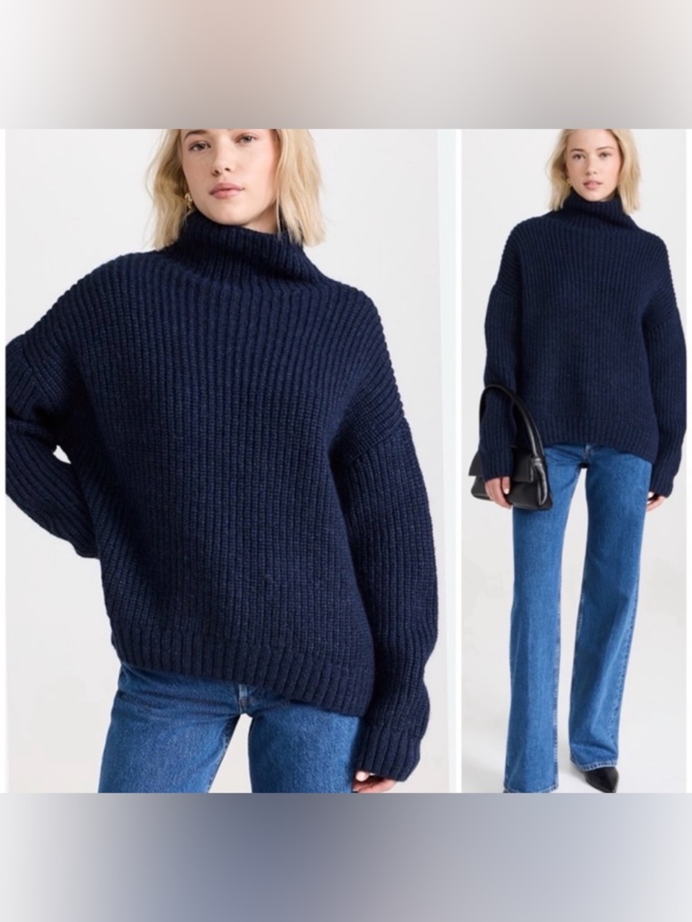 Anine Bing Chunky Alpaca Turtleneck Sweater — Navy, S